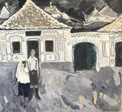 un tableau représentant une femme debout devant une maison