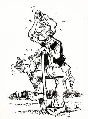 dessin humoristique représentant un homme avec une canne et un chien en laisse