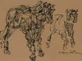 a drawing of a horse and a horse drawn by a man