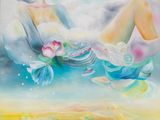 un tableau représentant une femme assise sur un nuage