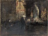 un vieux tableau représentant une femme debout devant une statue