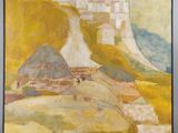 une peinture à l'huile représentant un village situé sur une colline, avec une montagne en arrière-plan