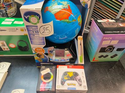 many boxes of electronics and a globe on the table
