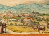 painting of a view of a town with a man and a woman and a horse
