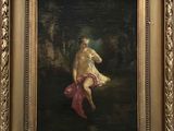 une peinture à l'huile représentant une femme assise sur un banc dans un espace boisé