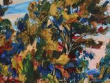 an oil painting of a country road with trees and flowers