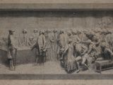 une vieille photo montrant un groupe d'hommes debout devant une scène