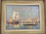 tableau représentant une scène portuaire avec des bateaux et un phare au loin