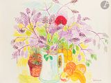 peinture d'un vase de fleurs et de fruits sur une table