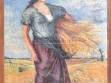 an oil painting of a woman carrying a bundle of hay