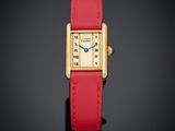 une montre-bracelet pour femme en or jaune 18 carats, avec un bracelet en cuir rouge