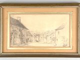 an image of a drawing of a street scene with buildings in the background