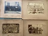 several old black and white photos of a group of men and women