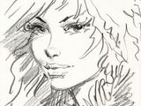 un dessin représentant une femme aux cheveux longs et une photo en noir et blanc
