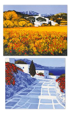 deux tableaux représentant des fleurs et une maison au loin