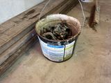 a bucket of clams sitting on the floor next to a wall