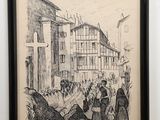 a drawing of a street scene with people sitting on a bench