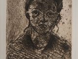a black and white drawing of a woman ' s face