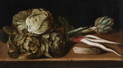 une image représentant un tableau montrant un assortiment de légumes posés sur une table