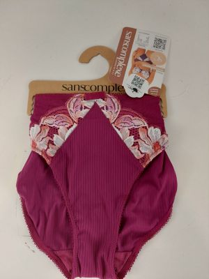purple panties with pink lace trims and a tag on a hanger