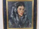 tableau représentant une femme vêtue d'une robe noire et portant un foulard