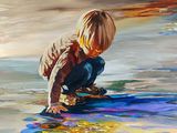 painting of a young boy playing in the water on a sunny day