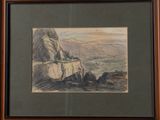painting of a mountain scene with a man sitting on a rock