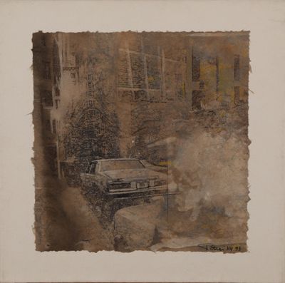 an old photo of a car parked in front of a building