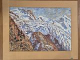 une peinture à l'huile représentant une chaîne de montagnes enneigée avec des arbres au premier plan