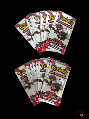 four packs of pokemon trading cards are shown on a black background