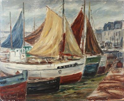 peinture de bateaux amarrés dans un port avec des bâtiments en arrière-plan