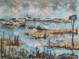 a painting of a large body of water with a lighthouse in the distance