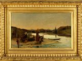 une image représentant un tableau où l'on voit un groupe de personnes au bord d'une rivière