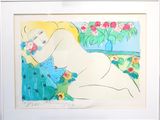 a picture of a painting of a woman laying on a couch