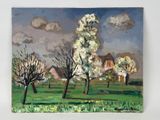 an oil painting of a field with trees and houses in the background