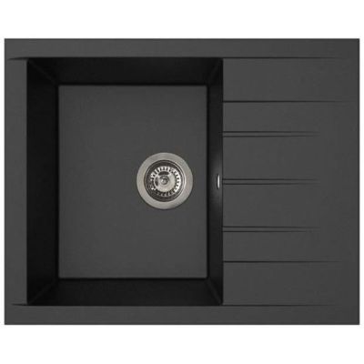 a close up of a black kitchen sink with a drain