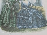 a drawing of two women dressed in blue dresses