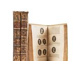 an old book opened to show a series of books with portraits on them