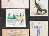 Plusieurs dessins représentant des personnes et des animaux sont représentés sur une feuille de papier