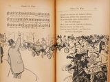 an open book with a drawing of a man on a horse drawn carriage