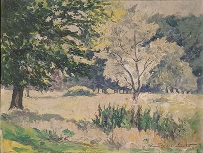 une peinture d'un champ avec des arbres en arrière-plan