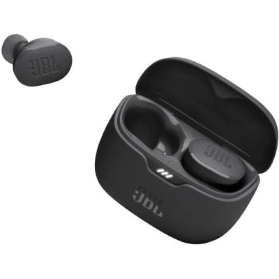 a pair of black earphones sitting on top of a white surface