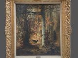 an image of a painting of a forest scene with a deer in the foreground