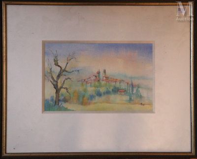 an image of a painting of a landscape with a church in the distance