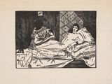 drawing of a woman sitting on a bed in a room
