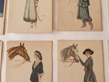 many pictures of women and horses on the wall