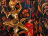 an oil painting of a statue on a table next to a red can
