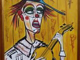 un tableau représentant un clown jouant de la guitare devant un fond jaune