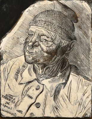 dessin représentant un vieil homme portant un chapeau et une chemise