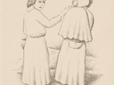 drawing of two women standing next to each other in front of a wall